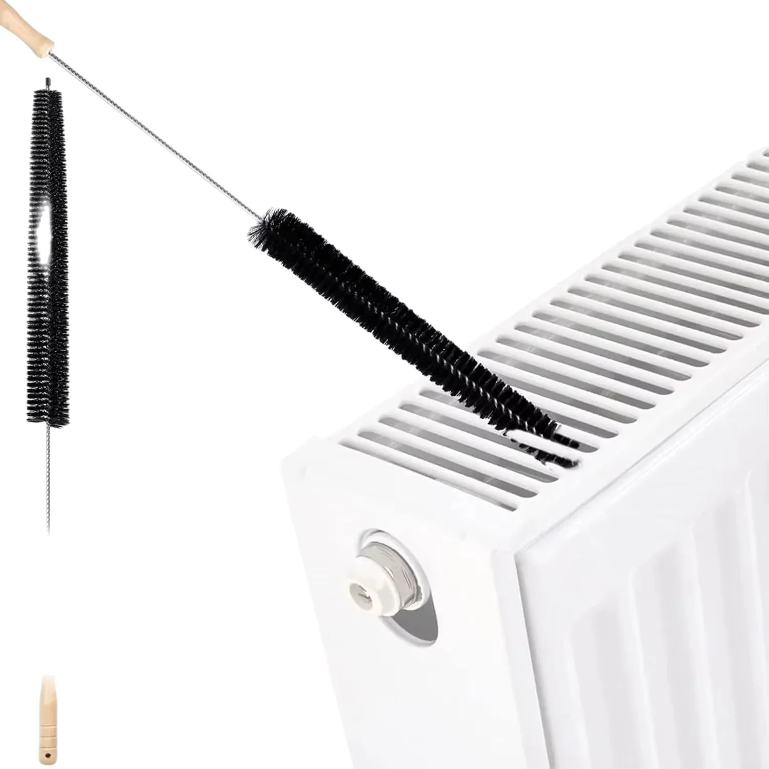 Radiator cleaning brush, long-handled soft brush, wooden handle, resin brush head, plastic material, no power or batteries neede