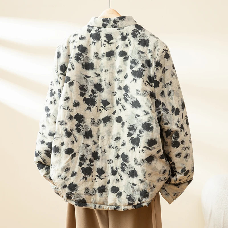 เสื้อคลุมผ้าฝ้ายสำหรับผู้หญิง ผ้าฝ้ายผสมลินิน เสื้อผ้าฤดูหนาว ฮันฟู ติดกระดุม ทรงตรง แขนยาว ความยาวปกติ