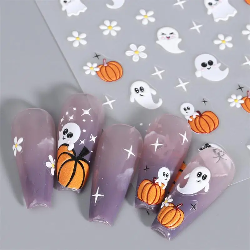 5D Embossed Halloween Nail Art Stickers Skull Pumpkin Nail Silder Ghost Bat Spider Web Anime Decals Engraved Manicure Decoration