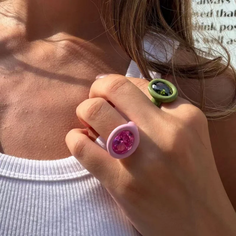 Sweet Style Metal Ring for Women Unique Design Macaron Zircon Oval Embedded Candy Colored Dopamine Colorful Index Ring Daily Ver