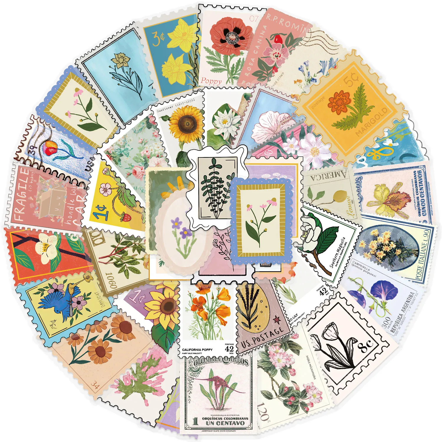 50pcs Flower Stamp Stickers suitablefor Notebook computer Luggage  Refrigerator skate boards phone cases sticker