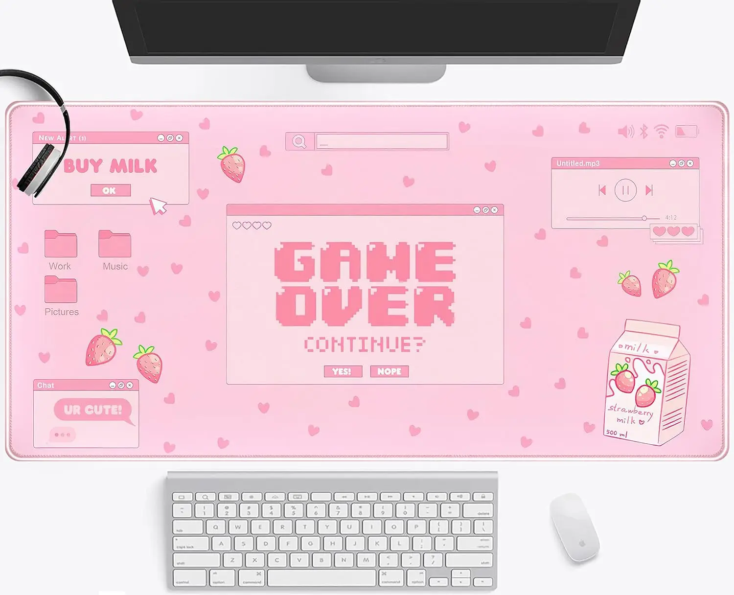 Imagem -02 - Bonito Kawaii Pink Gaming Desk Pad Grandes Estéticas para Teclado Portátil para Mulheres e Meninas Xxl Morango Leite Mousepad 31.5x11.8