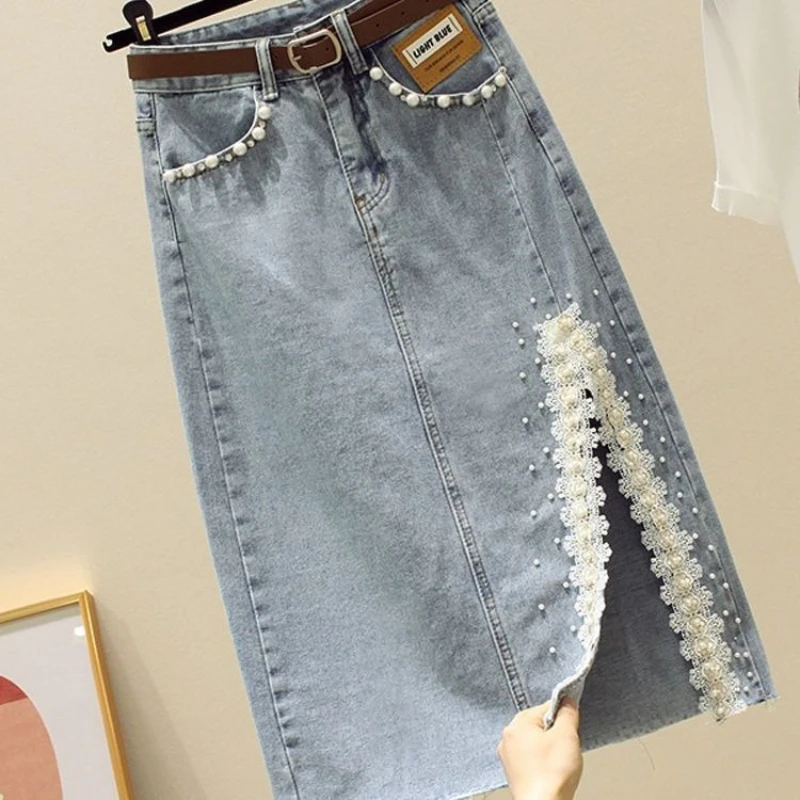 Split Stitch Bead Lace Denim Skirt for Women, Spring/summer 2025 New High Waist Slimming Mid Length Bag Arm Skirt