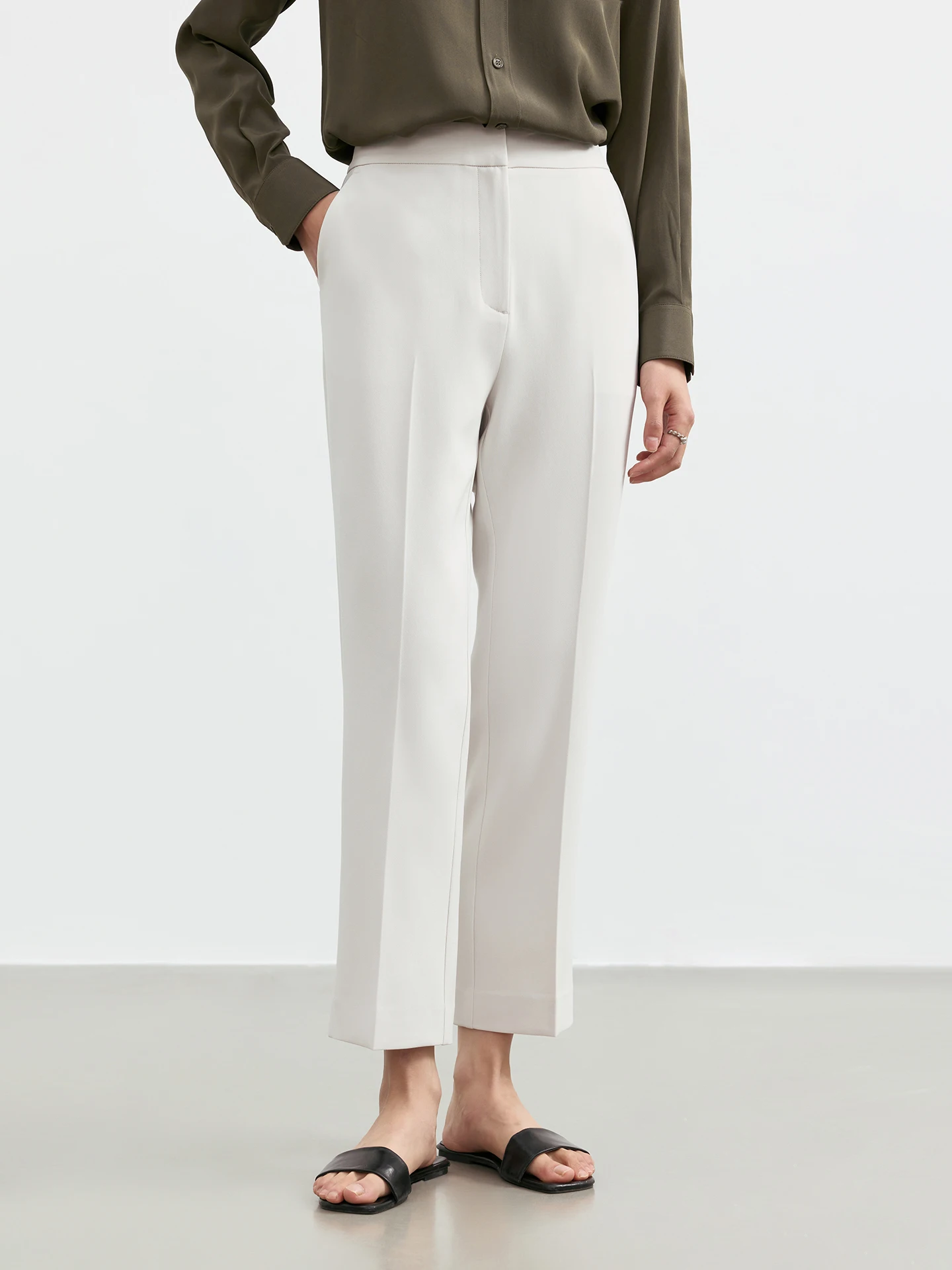 New Color Slimming Small Straight Leg Pants Casual Nine Points Trousers MAS&JM 632042 Ladies High Waist Zipper Fly