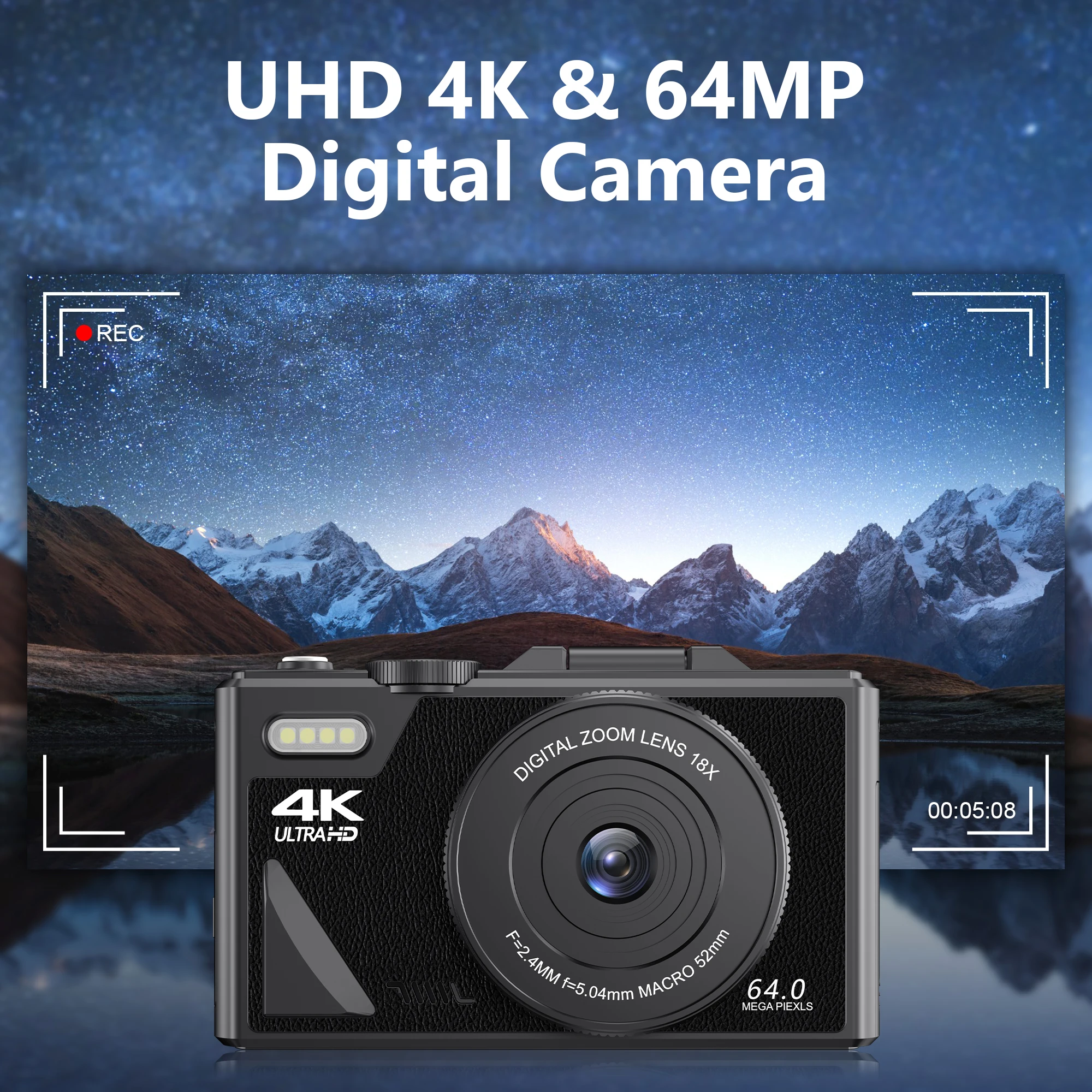 64MP Digital Photo Camera for Photography 4K Video Vlog Camcorder YouTube Webcam Cameras 18X Digital Zoom Camera 3