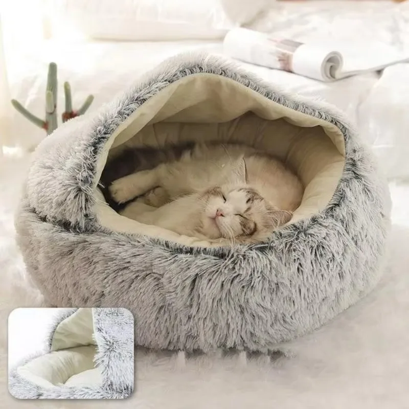 

Custom Personalized Winter Warm Cama Para Gato Pet Dog Wholesale Washable Luxury Large Small Round Cave Sofa Fluffy Soft Cat Bed