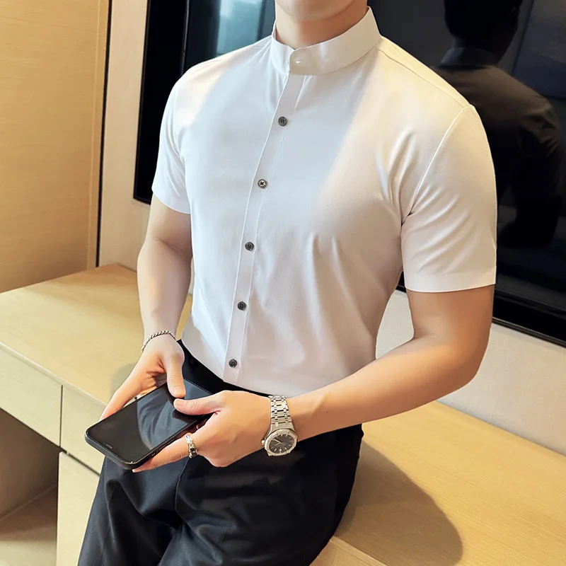 Chinese Style Elastic Seamless Shirt for Men Short Sleeve Casual Business Formal Shirt Solid Color Office Social Uniforms Tops