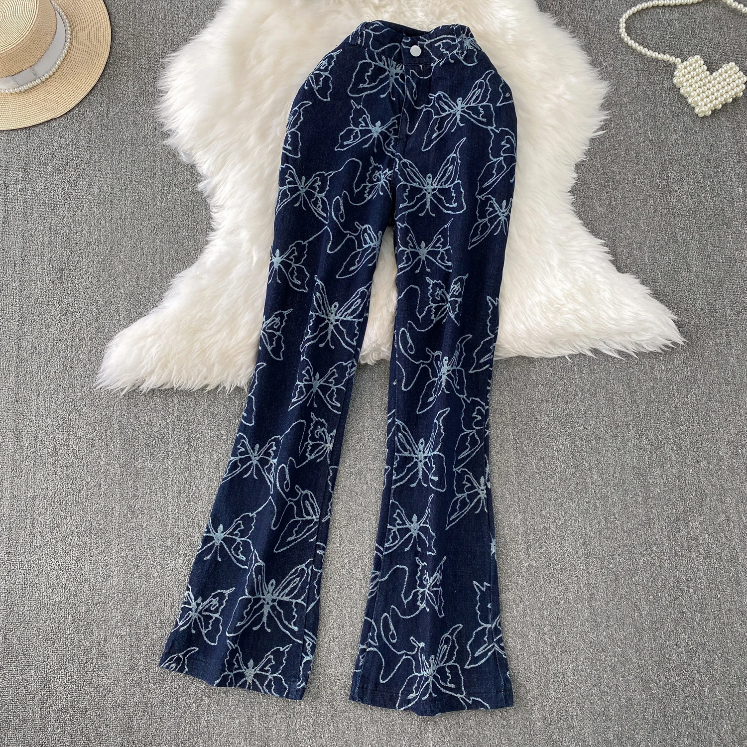 ผู้หญิงพิมพ์กางเกงยีนส์กางเกงสูทพิมพ์ผีเสื้อ Halter Neckr เสื้อ + กางเกงยีนส์เอวสูงผอมวันหยุดเสื้อผ้าชุด