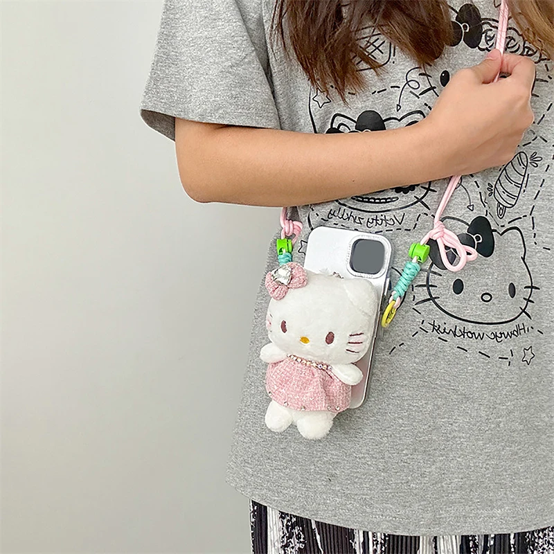 Sanrio Stuff Cartoon Plush Mobile Phone Back Clip, bonito boneca de corda oblíqua, mão livre saco anti-perdido, 1pc