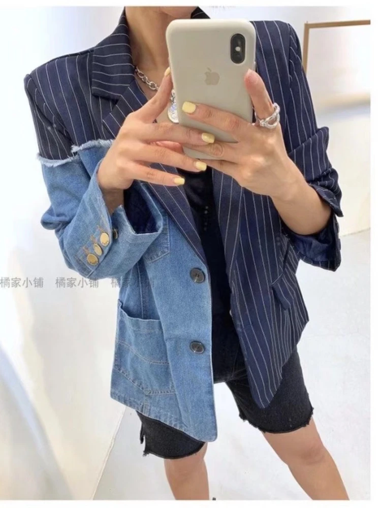 Spring Autumn Women Striped Denim Spliced Suits Jacket Jeans Patchwork Blazers Coat OL Turn Down Collar Irregular Cardigan Tops