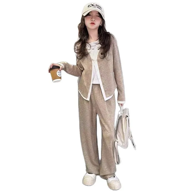 NEW autumn winter girls Child set Teens slim crop top t shirt sweatshirt cardigan + wide leg pants tracksuit 4 10 12 17 16 year