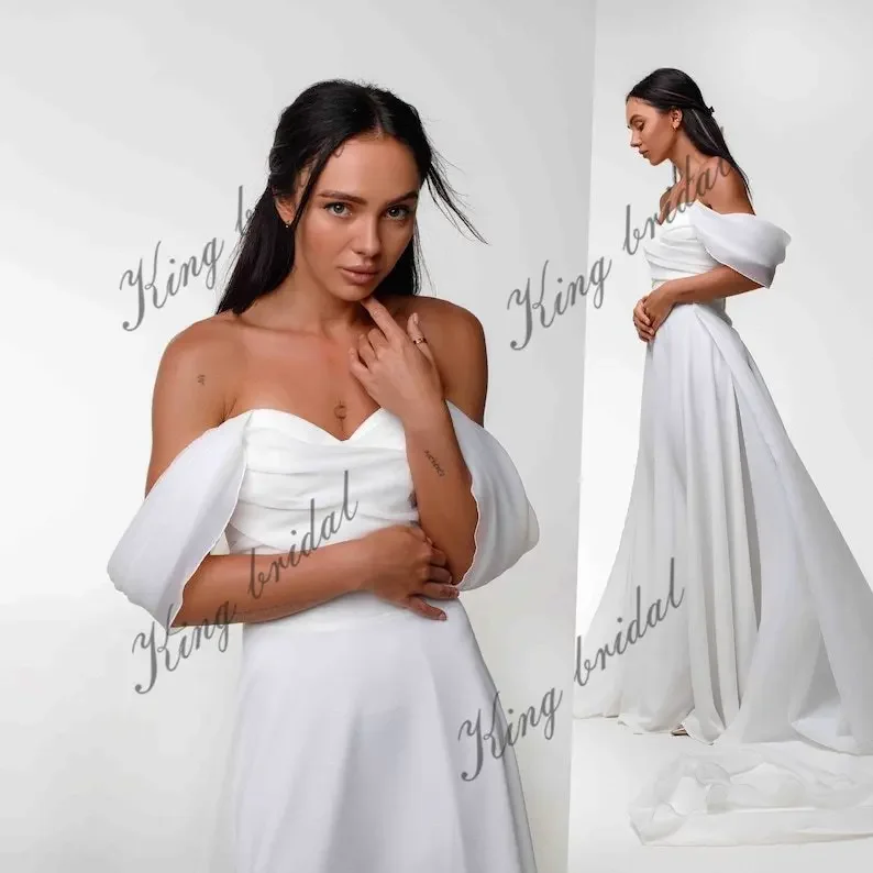 Saia de trem de organza vestido de casamento personalizado minimalista crepe a linha vestidos de casamento fora dos ombros vestido de casamento