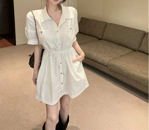 New Shirt Casual Petite Mid-length Summer Drawstring Cool Short-sleeved Workwear Sassy Thin Waist Dress