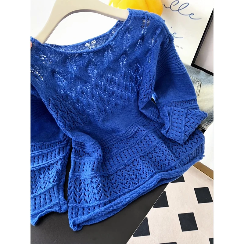 Ele 透かし編みニット ロングスリーブ レディース トップス ルーズフィット 快適 スリーク ブルー カジュアル 秋冬用