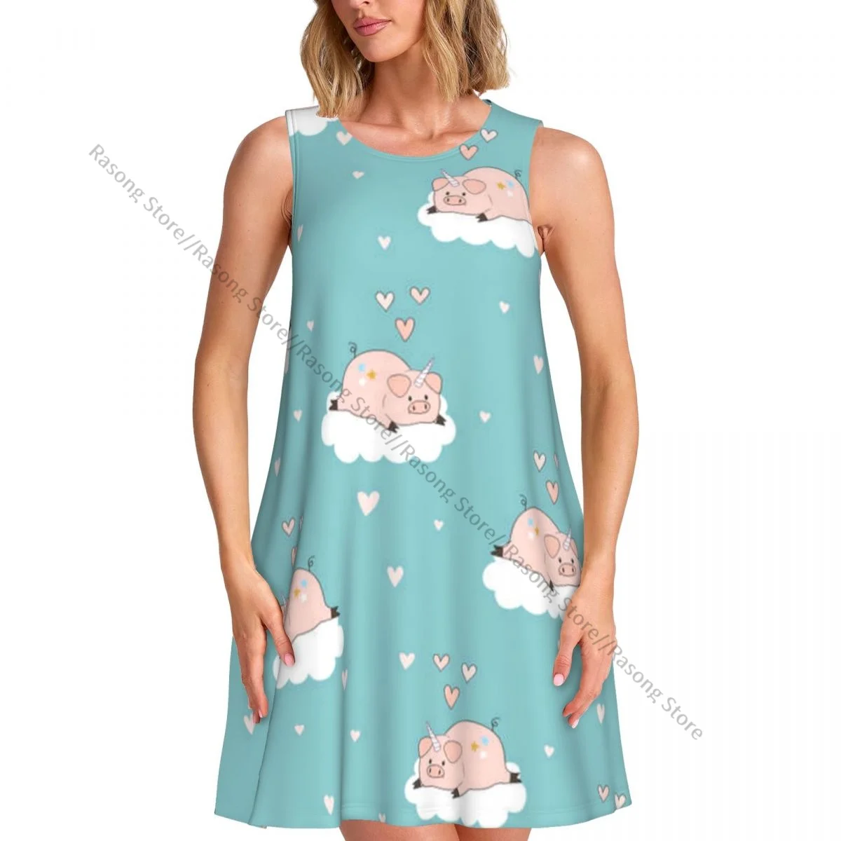 ชุดสตรีฤดูร้อนชุดลําลองเสื้อยืดชายหาดปกคลุมหมูน่ารักยูนิคอร์นรูปแบบชุดถัง