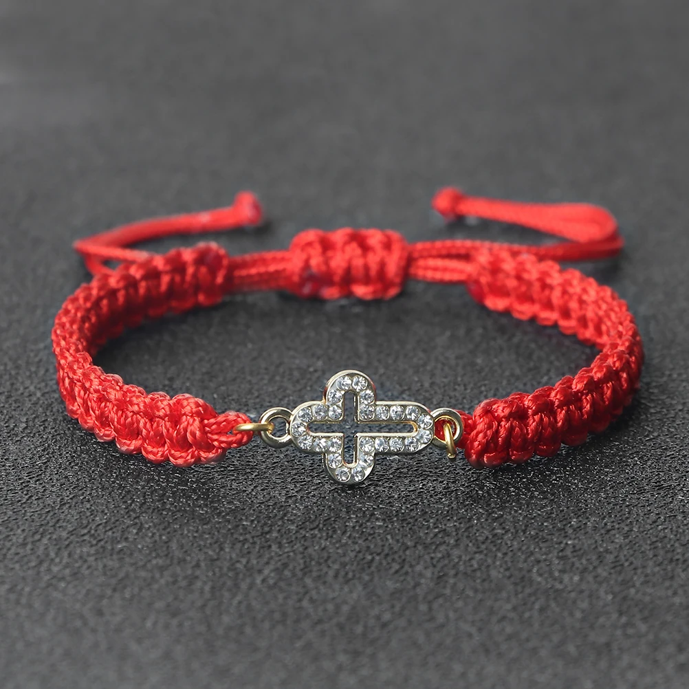 Pulseira de Corda com Cruz de Jesus, Trançada em Fio Preto e Branco, Pulseira da Sorte Ajustável, Bracelete de Yoga e Cura, Joia Cristã, Presente