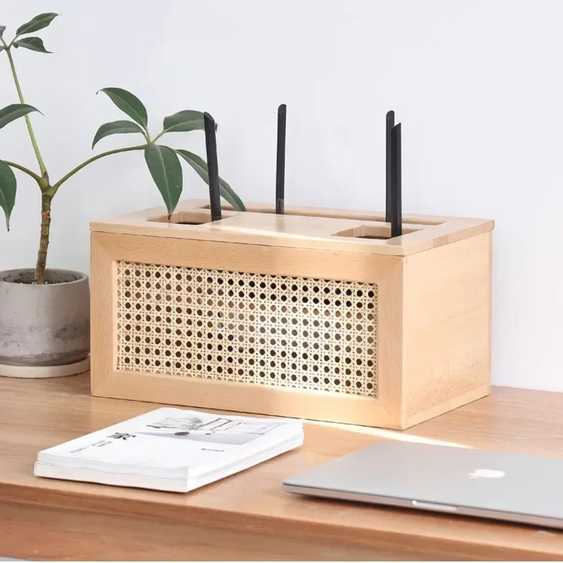 Caixa de armazenamento de roteador tecido rattan, madeira maciça, design oco, sala de estar, capa de fio, quadro de caixa superior wi-fi, organizador elegante