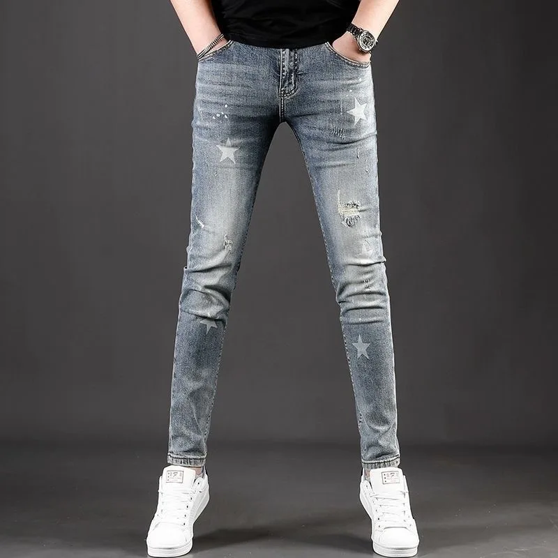 

Новинка весна-осень 2024, модные рваные Стрейчевые джинсы с принтом, мужские повседневные облегающие удобные высококачественные джинсовые брюки 28-36