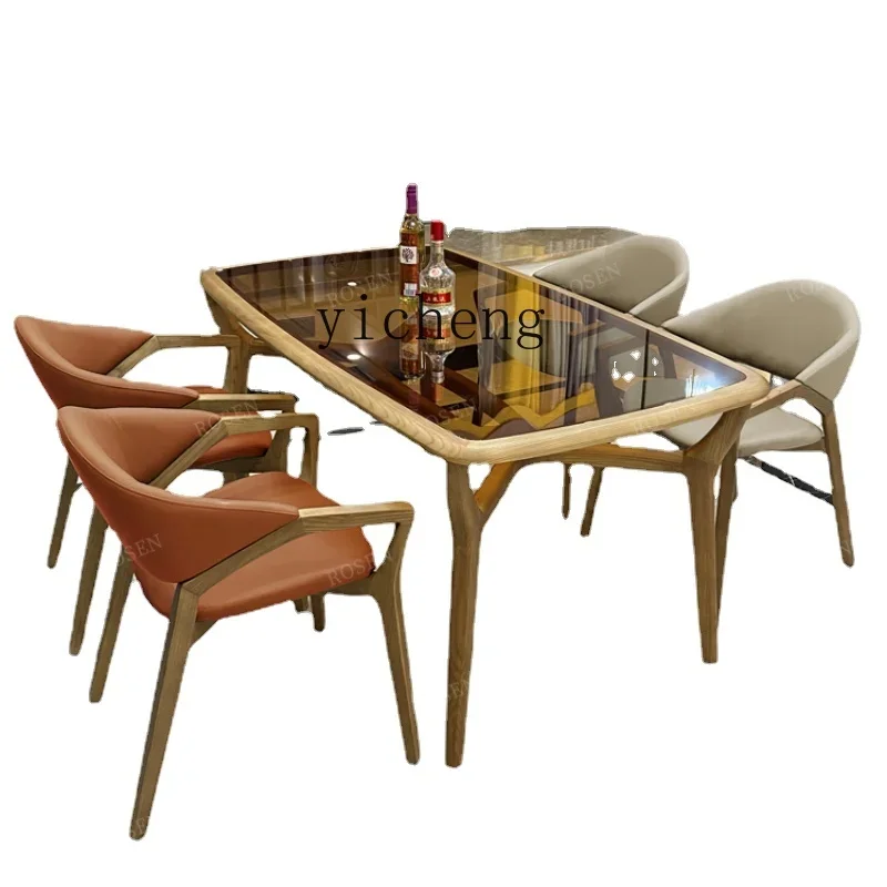 ZZf Tempered Glass Dining Table Light Luxury Small Apartment Dining Table Rectangular Solid Wood Dining Table and Chair