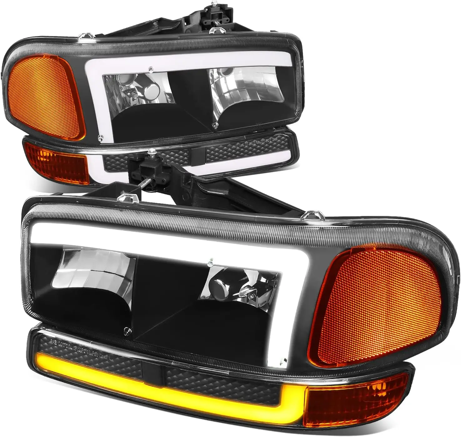 

[Switchback LED DRL] 4PCS Headlights and Bumper Lamps Compatible with GMC Sierra Yukon XL 1500 2500 3500 1999-2007, Driver and P