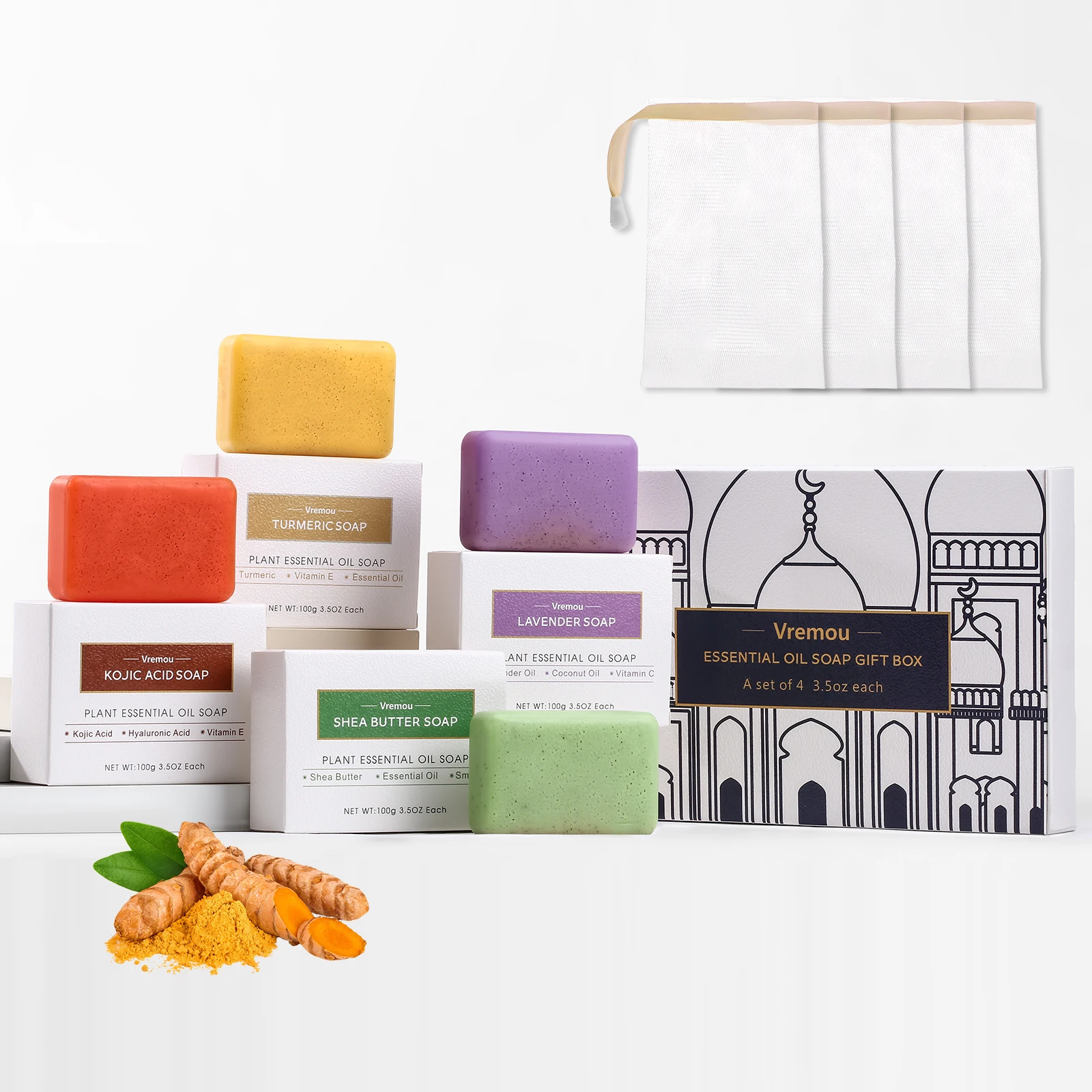 

4 Pack Of Natural Plant Essential Oil Soap, Kojic Soap, Turmeric Soap, Moisturizing Cleansing Soap - Bath Body Soap Gift Box