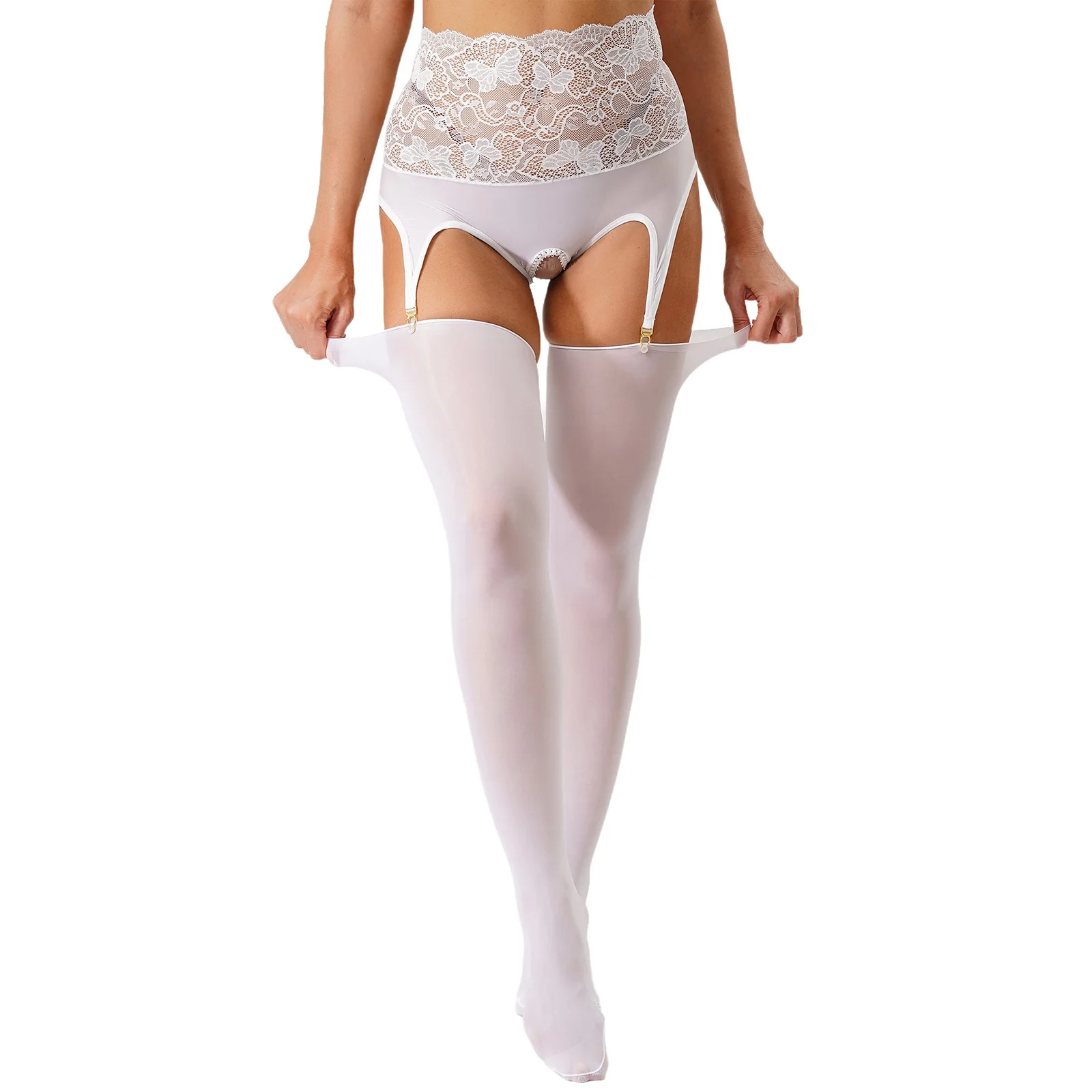 

Women Sexy Open Crotch Pantyhose Sheer Lace High Waist Garter with Stockings Glossy Footed Tights Lingerie Temptation Leggings