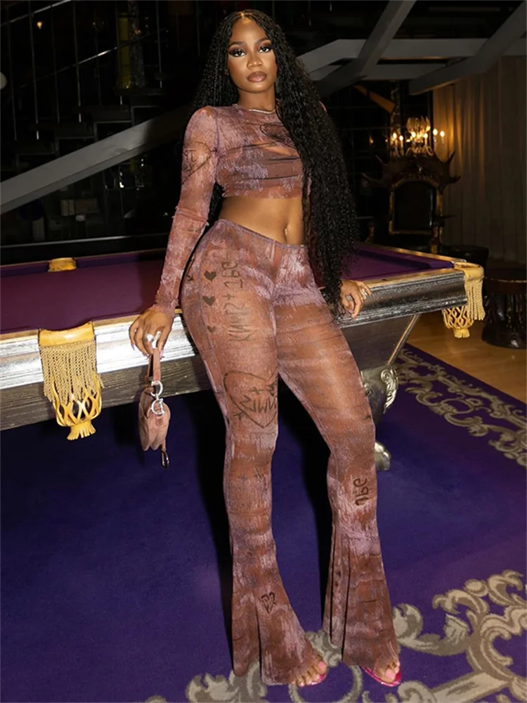 Strano gatto moda stampa sexy vedere attraverso set da 2 pezzi donna o-collo manica intera crop top + pantaloni svasati dritti hottie streetwear