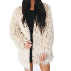 Women's Autumn Winter Long Outwear Fluffy Long Sleeve Shaggy Faux Fur Coat Jacket