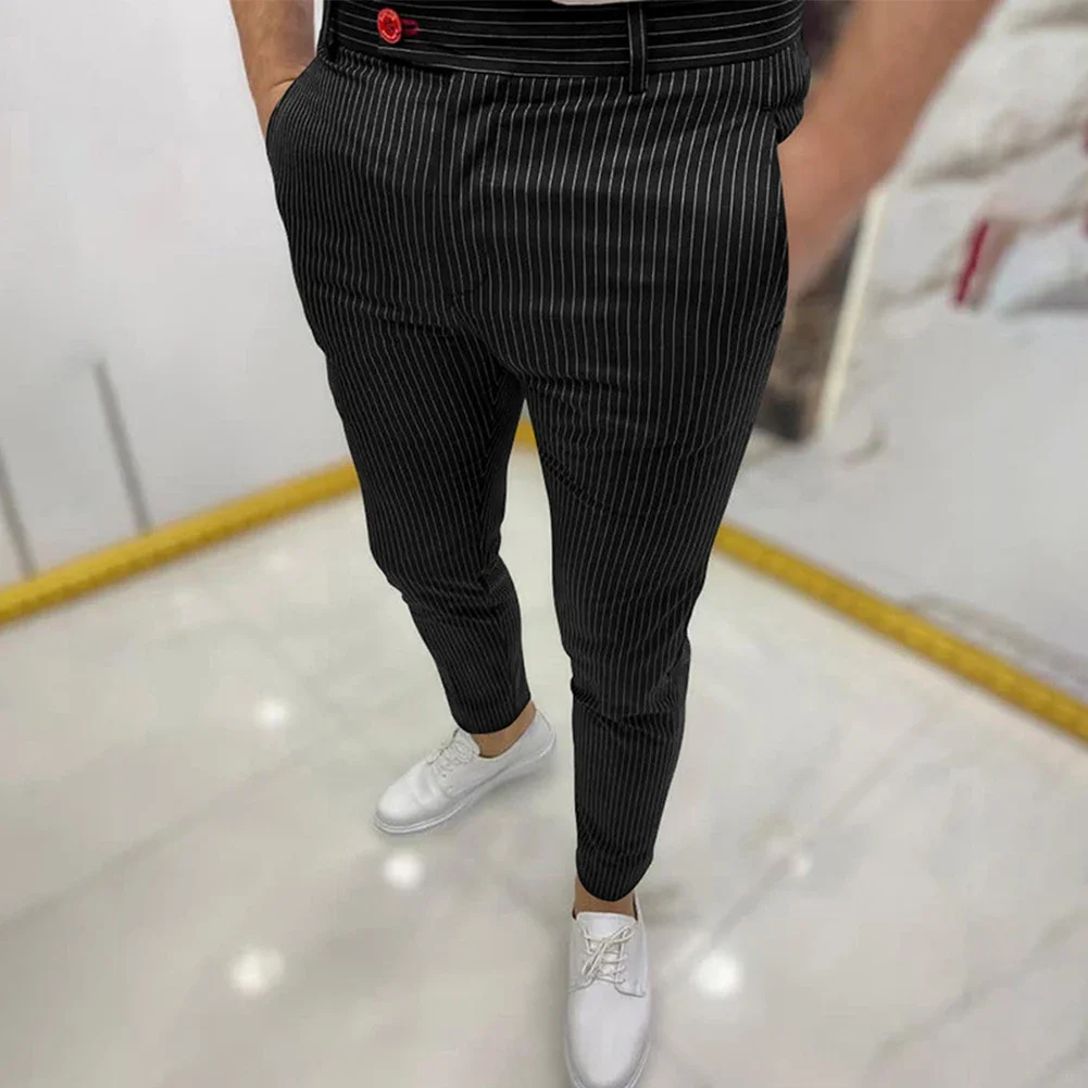 For Men Pants Skinny Stripe Business Casual Elegant Fashion Long Trousers Polyester Regular Affordable Brand New