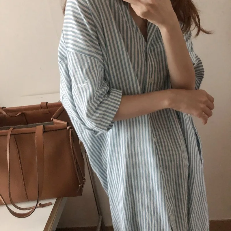 Women's ort Sve irt Dr Knee-Length Ultra-Long Striped Loose plus Size Korean Sle Commute Wind Cotton Polyester