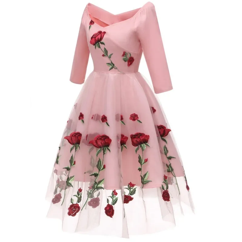 New Retro Elegant Rose Embroidery Party Dresses Women Vintage 50s Mexican Ethnic Floral Boho Midi Off Shoulder Evening Vestidos