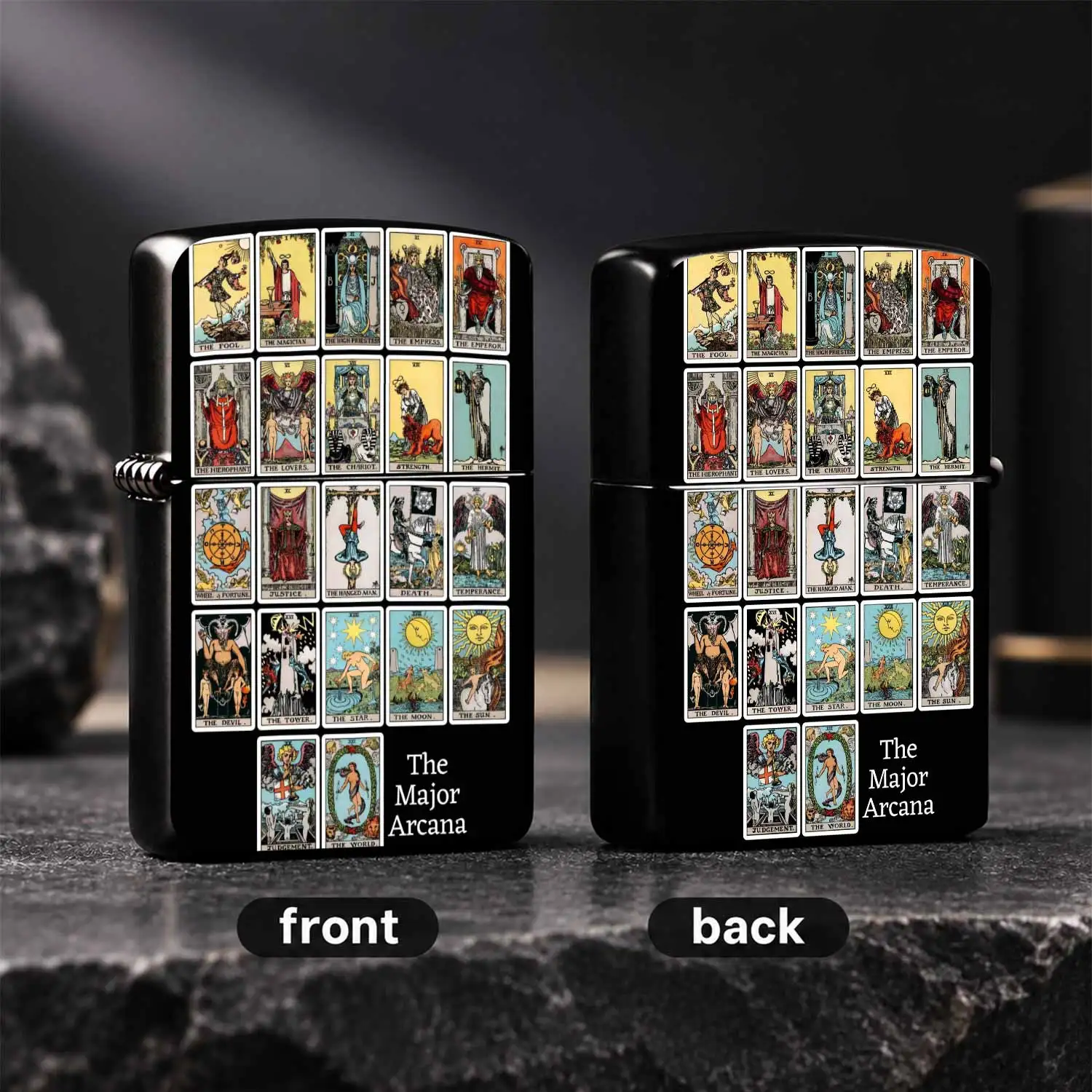 Vintage Tarot Major Arcana Lighter Rider Waite 22 Cards Pattern Windproof PORTABLE Lighter Mystical Divination Themed Cool Collectible Gift for Tarot Enthusiasts Daily Carry Durable Ignition TOOL A fun and humorous lighter