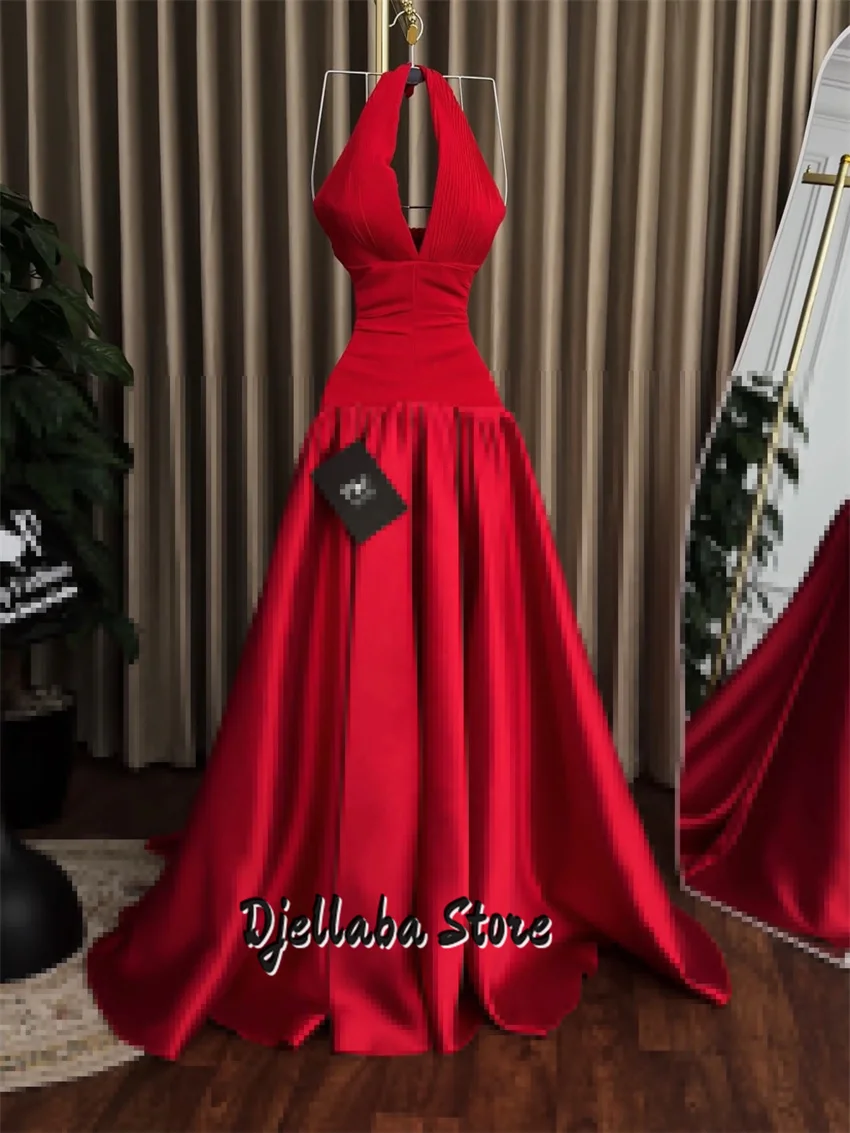 

A-line Satin Arab Red Prom Dresses Halter Sleeveless Evening Gown Dubai Long Formal Dress Robes de soirée Customized