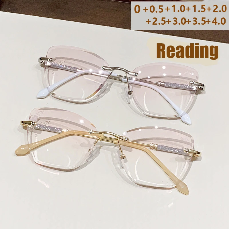 Fortschrittliche, stilvolle, rahmenlose Presbyopie-Lesebrille mit Anti-Blaulicht-Farbverlauf, ultraschlank, rosa Lesebrille 60016