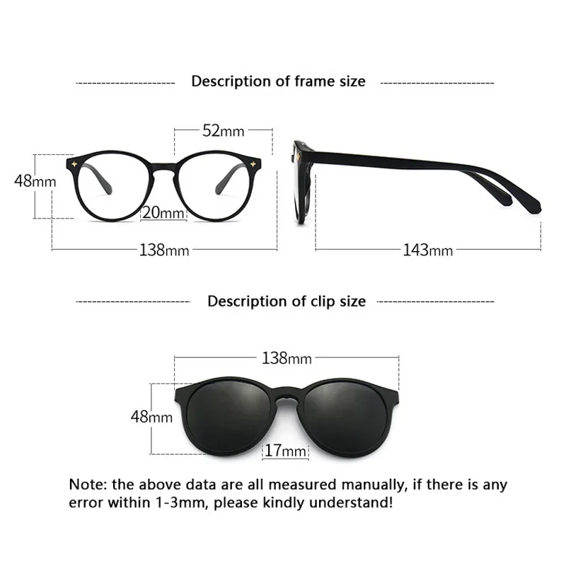 Myopia Glasses Sunglasses Magnet Clip Prescription -0.5 To -10 Round 6 in 1 Frame Blue Ray Blocking Nearsighted Astigmatism