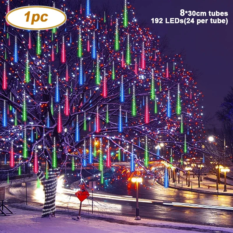 

Meteor Shower Lights Outdoor, 8 Tube 192 LED Solar Powered Icicle Lights Waterproof for Outside Tree Holiday Party Patio Deco