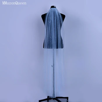 MMQ M61-Voile de mariage perlé bleu clair, 1.5m, 1 couche, tulle doux, avec peigne, pour les patients