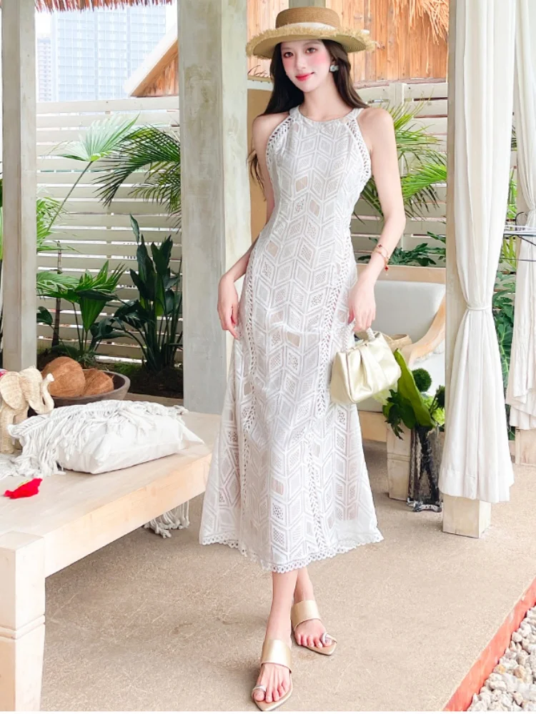 Sukienka damska z koronki, ażurowa, w kształcie litery A, z dekoltem typu O, bez rękawów, z wysokim stanem, elegancka, nowa odzież damska.