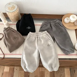 Autumn Winter Korean Baby Boys Sweatpants Velvet Casual Warm Loose Toddler Boys Sports Pants Printed Pocket Infant Boys Pants