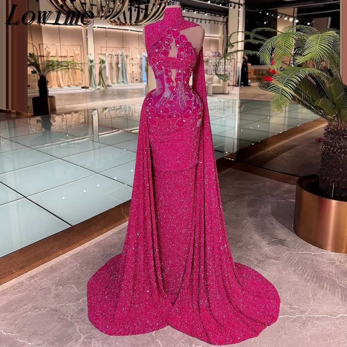 

Fuchsia Long Cape Sleeve Prom Dress Beaded Lace Appliqued Evening Gown Luxury Women's Arabic Style Vestido Novia Boda Party Robe