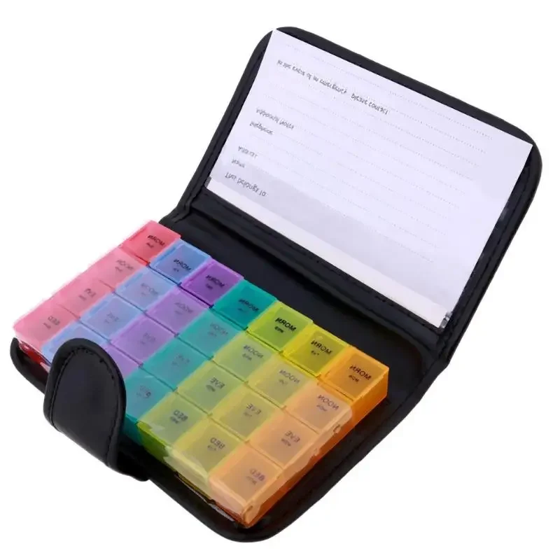 Portapillole portatile da 28 griglie Portapillole per tablet Portapillole Organizzatore per la conservazione dei medicinali Strumento per la cura sana Colore arcobaleno con urna per borsa in PU