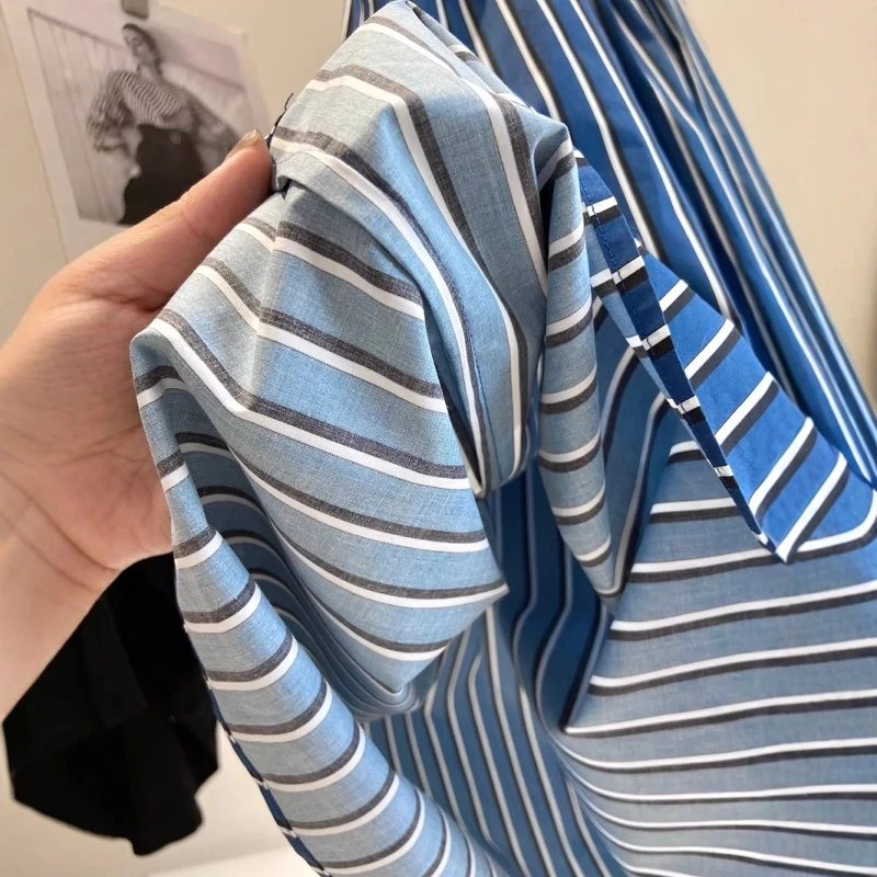   Saia midi feminina casual Sle cintura alta linha A com listras verticais gaze de algodão de seda Ele balanço completo