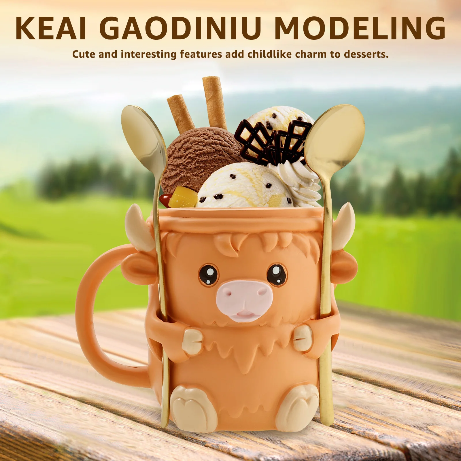 Highland Cow Style Ice Pint Holder Synthetic Resin Cute Ice Cream Pint Mug Holder with 2 Spoons for Beverage Can
