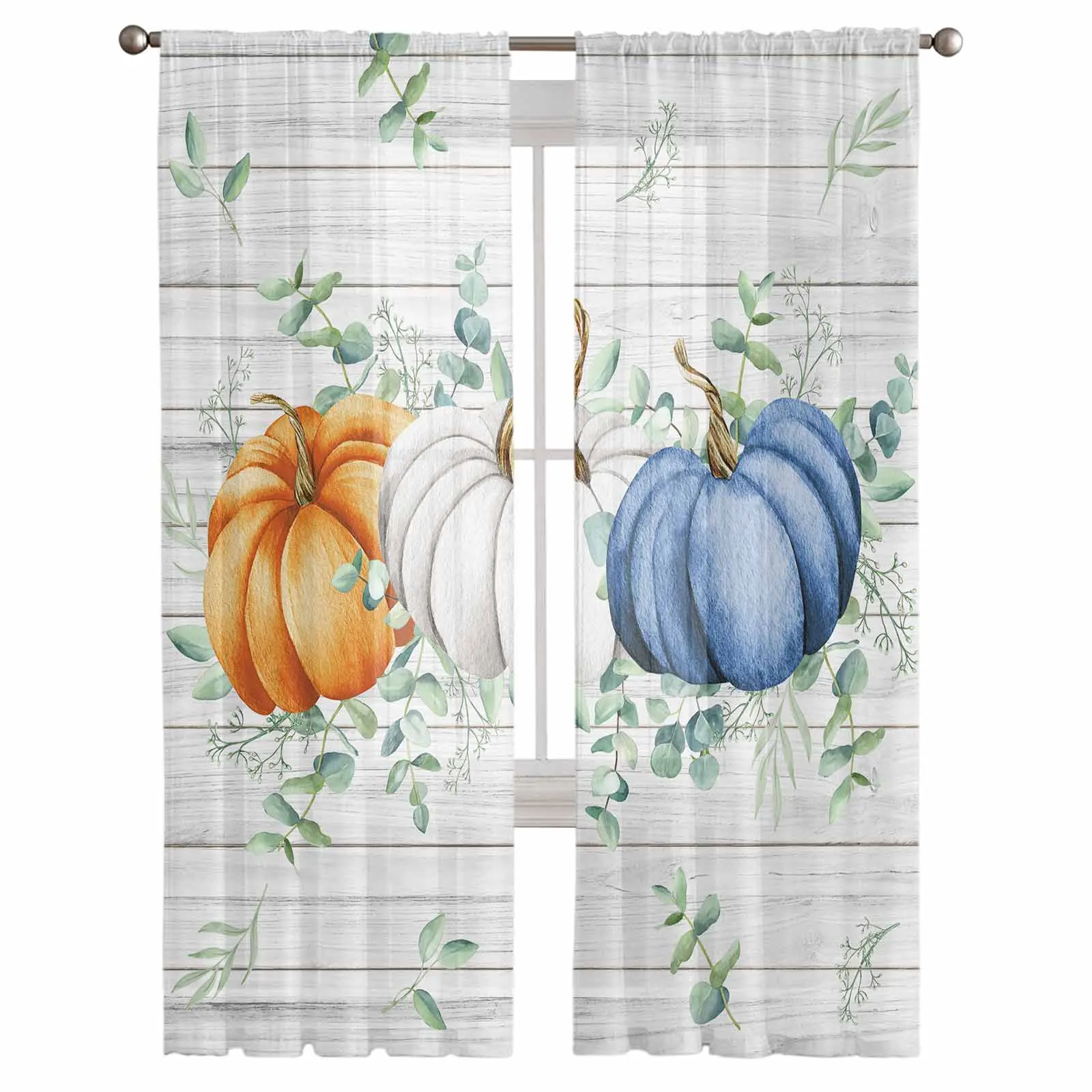 Thanksgiving Pumpkin Eucalyptus Wood Grain Window Treatment Tulle Modern Sheer Curtains for Kitchen Living Room Curtains Decor