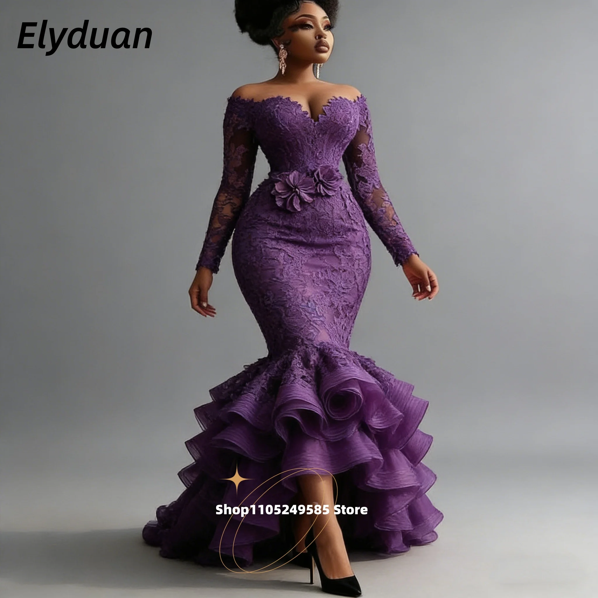 Elegant High Low Mermaid Prom Dress Long Sleeves Lace Modern Evening Gowns Ruffles Off-Shoulder Purple Formal Dress Customized