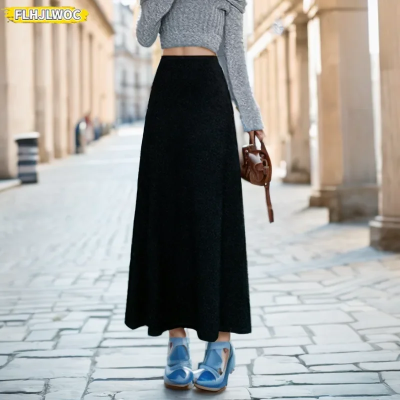 Woolen Cloth Winter Skirts New Year Woman All-Match Casual Black Solid Long Maxi Skirt