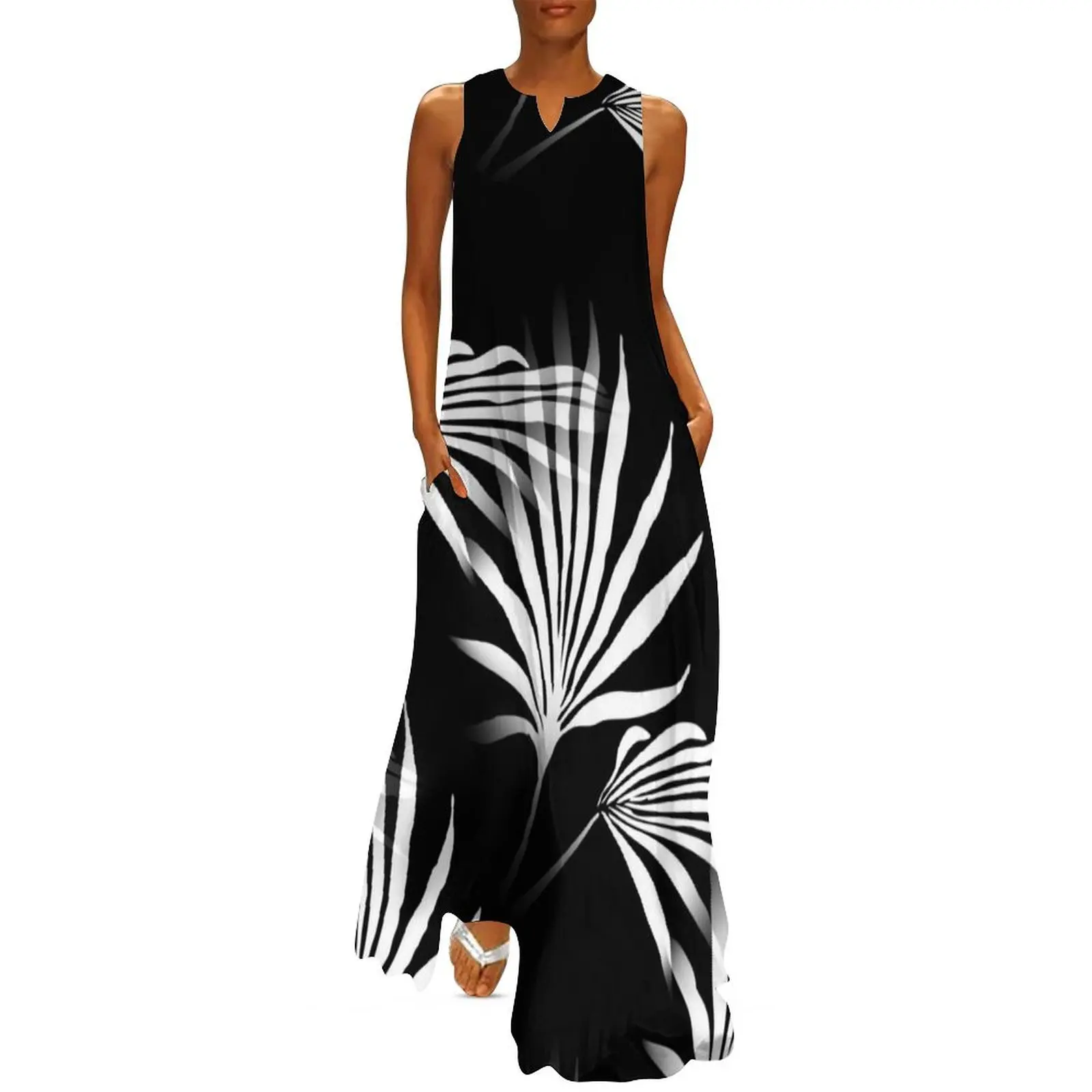 

Tropical Palm Fronds Leaf Print Black and White Long Dress Elegant gowns summer dresses women 2024 birthday dress