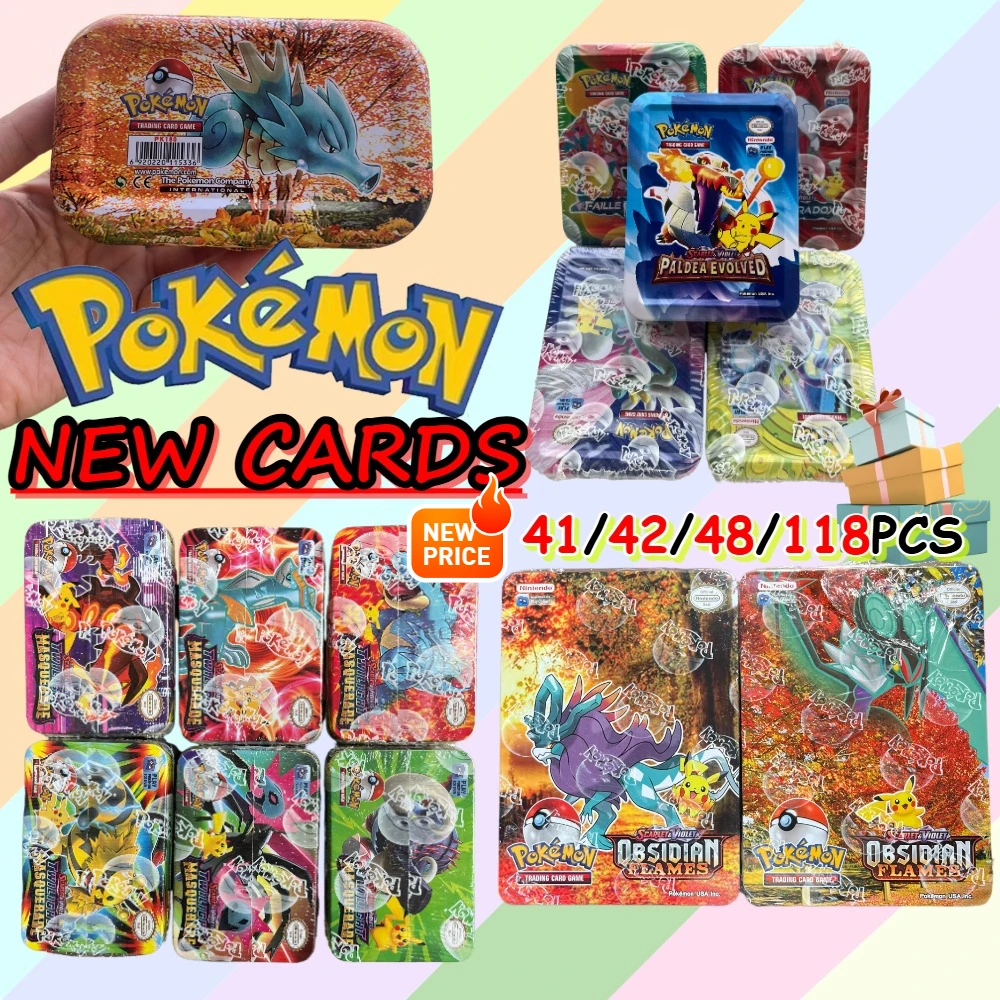 41/42/48/118 Uds nueva caja de Metal juguetes de batalla de Pokémon de hierro caja de Pokemons de origen perdido con juego de Pikachu cartas bancarias de Anime para niños