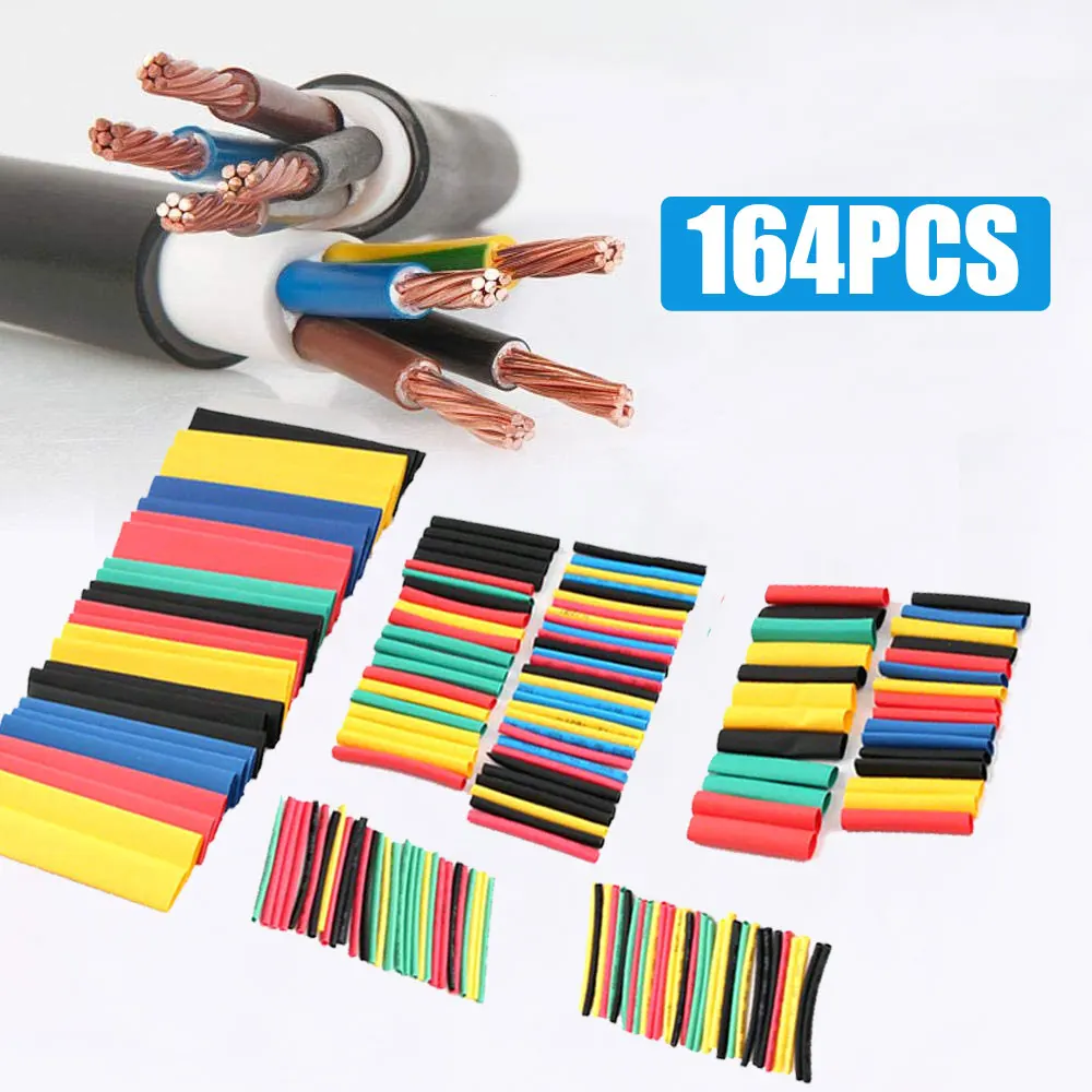 164pcs Heat-shrink Tubing Thermoresistant Tube Heat Shrink Wrapping Kit Electrical Connection Wire Cable Insulation Sleeving