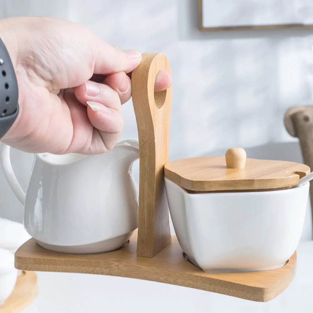 

Ceramic Sugar Jug Milk Pot Set Simple Design Kitchen Supplies Seasoning Storage Container Tray Spoon High End Quality Gift